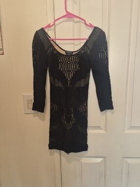bebe Black Crochet Long Sleeve Bodycon Dress Super Sexu Super Cute Womens